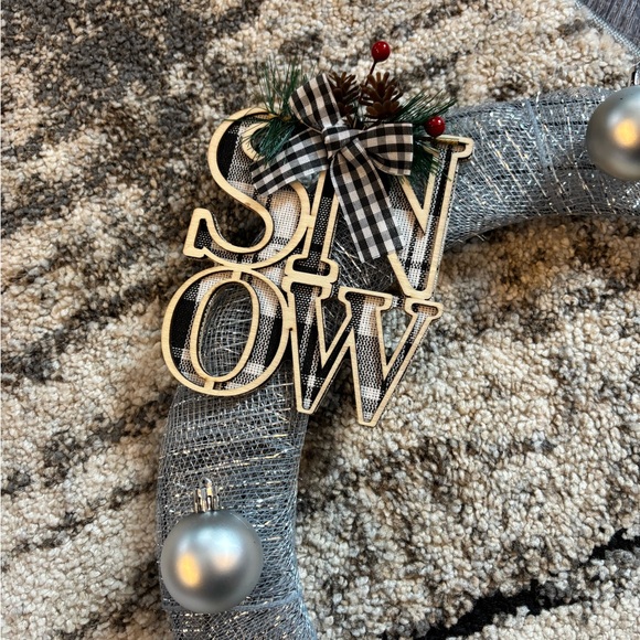 Christmas holiday wreath silver tinsel snow snowman drums homemade handmade 14” - Picture 3 of 6